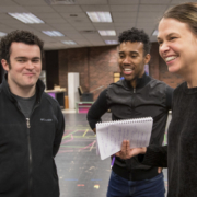 Sutton Foster talks to students before rehearsal for Shrek the musical.