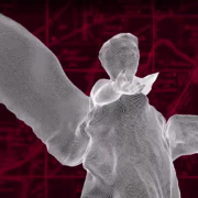 Beneficence3D A statue of a female with large wings rendered with grids over a red background