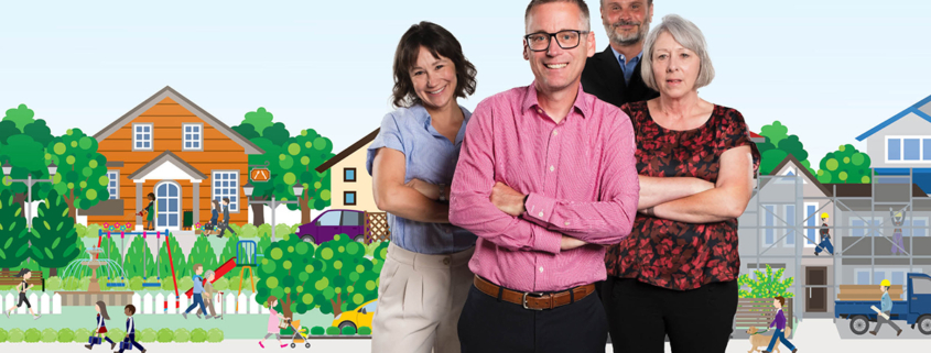 Four adults pose confidently with arms crossed in front of illustrated houses, trees, and a lively community scene