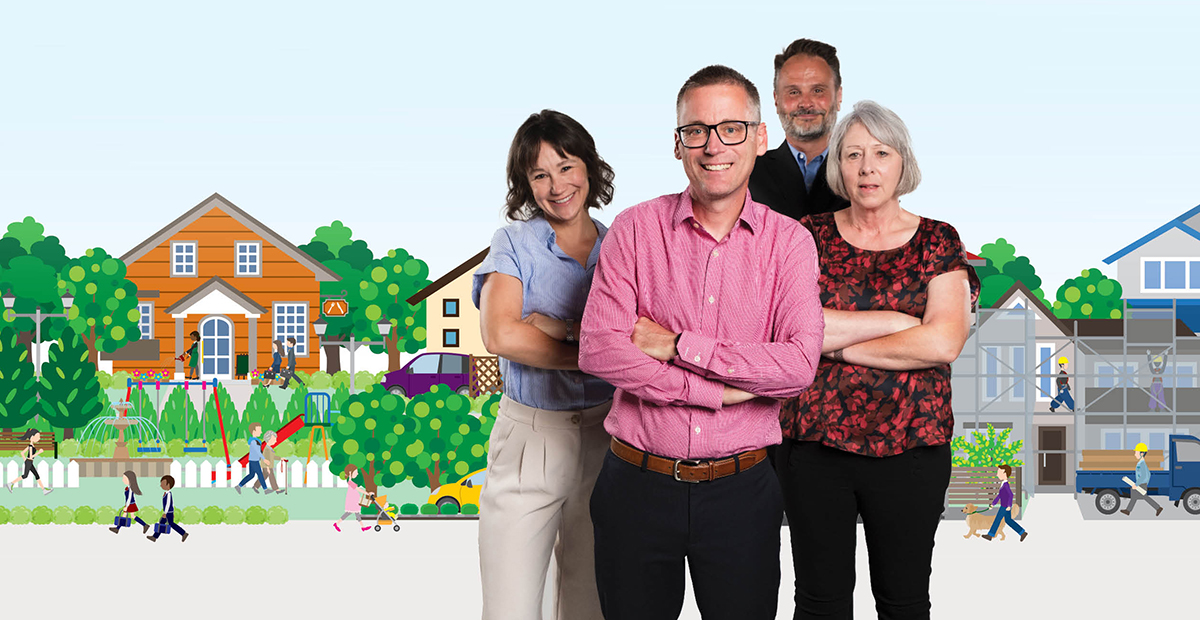Four adults pose confidently with arms crossed in front of illustrated houses, trees, and a lively community scene