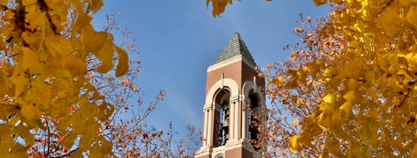 Bell Tower framed by fall trees with a blue sky in the background.