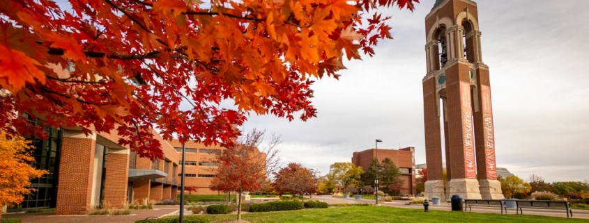 Bell Tower on Ball State's campus in the fall.