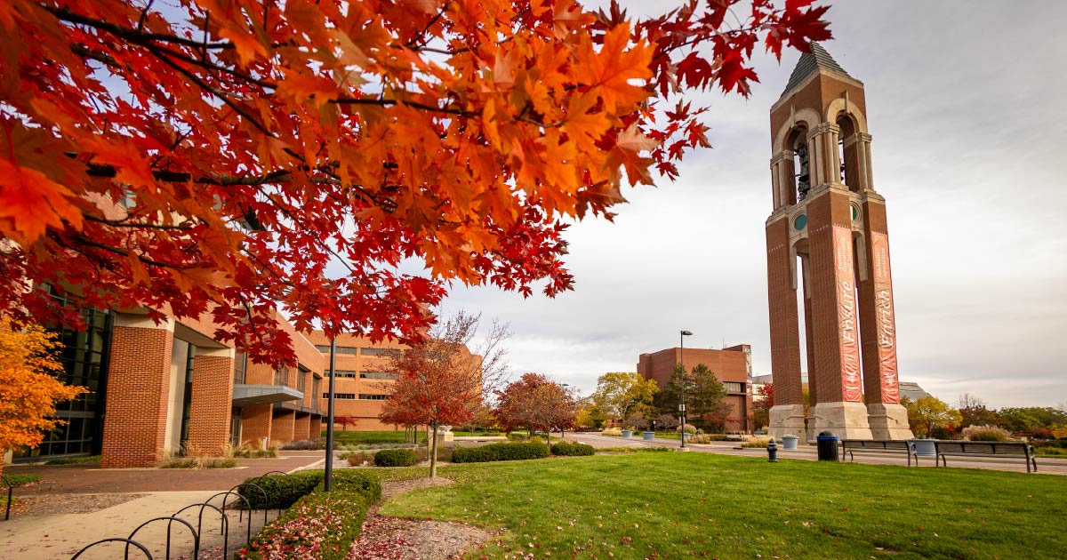 Bell Tower on Ball State's campus in the fall.