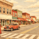 Illustration of a historic-looking street with storefronts, vintage cars, and pedestrians.