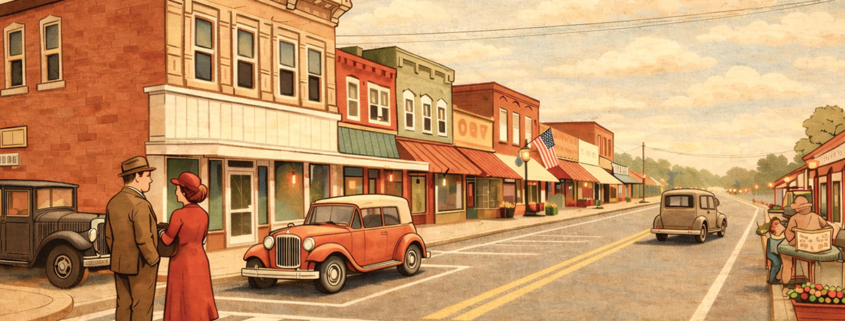 Illustration of a historic-looking street with storefronts, vintage cars, and pedestrians.