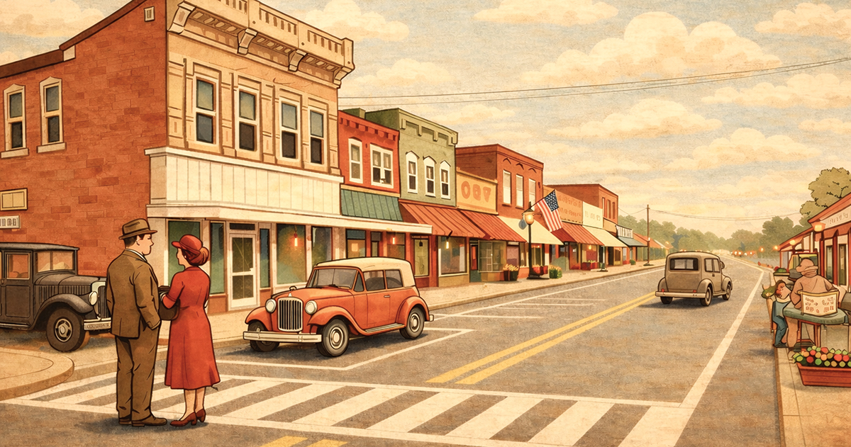 Illustration of a historic-looking street with storefronts, vintage cars, and pedestrians.