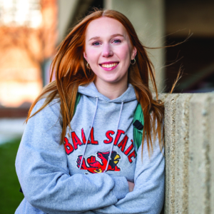 Smiling woman in Ball State hoodie