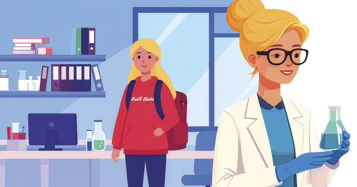 Animation picture of a student with a Ball State sweatshirt on with a backpack on the left and a animation of a blonde female on the right with glasses