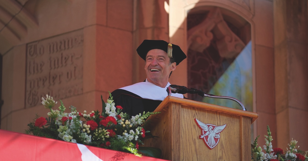Actor Hugh Jackman addressing Ball State’s Class of 2026