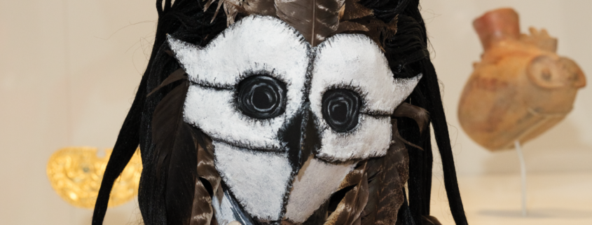 Elaborate owl-inspired costume made with feathers, fabric, and a white-and-black face covering, displayed in a museum gallery.